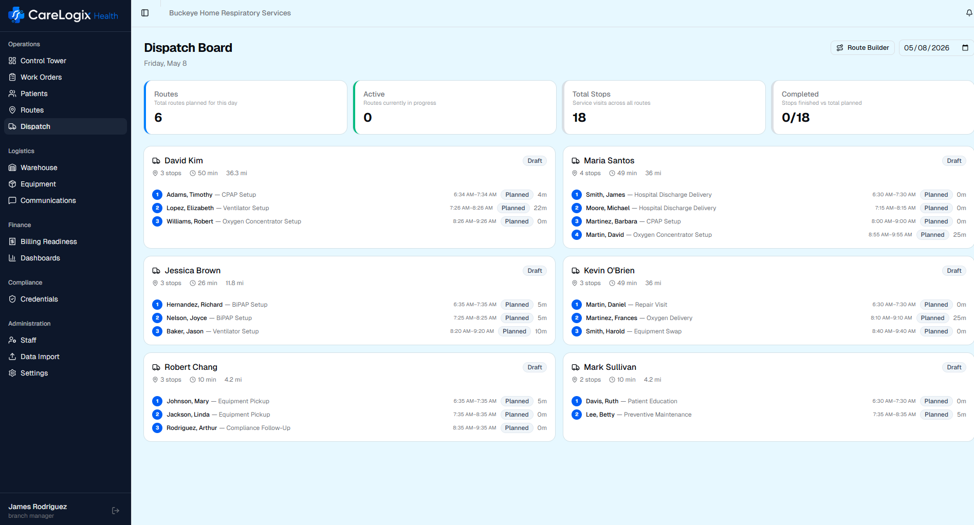 Screenshot of CareLogix dispatch board showing real-time route visualization with color-coded legs and arrival windows