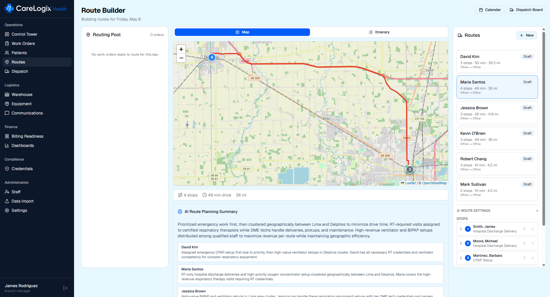 Screenshot of CareLogix route planning interface showing AI-optimized routes on a map with staff assignments